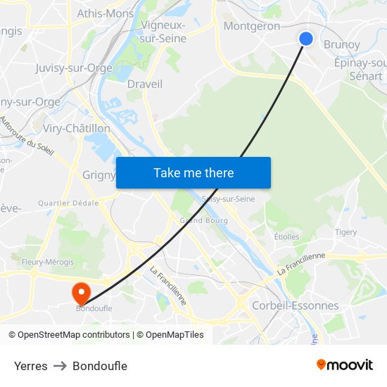 Yerres to Bondoufle map