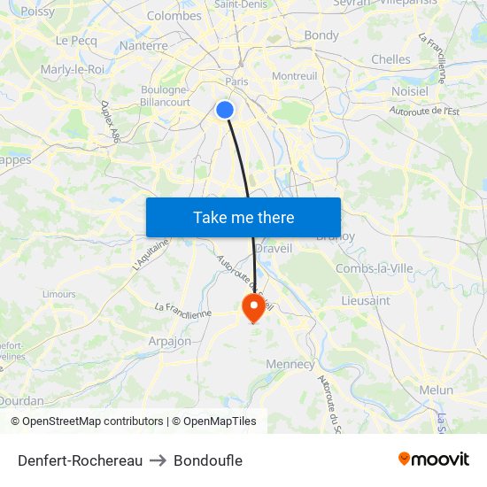 Denfert-Rochereau to Bondoufle map