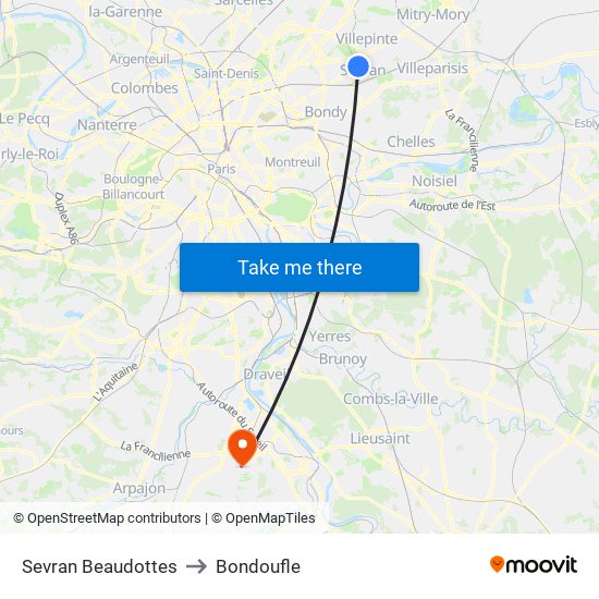 Sevran Beaudottes to Bondoufle map