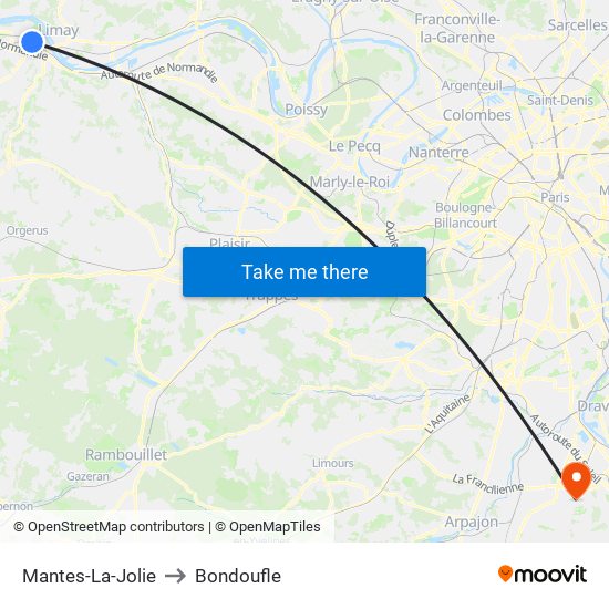 Mantes-La-Jolie to Bondoufle map
