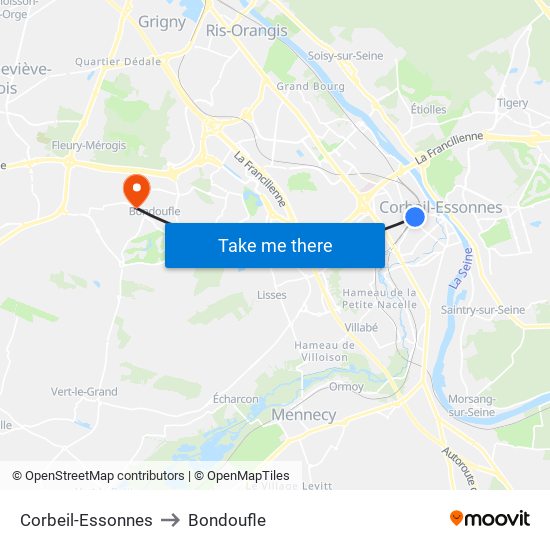 Corbeil-Essonnes to Bondoufle map