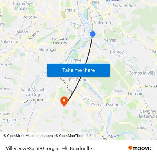 Villeneuve-Saint-Georges to Bondoufle map