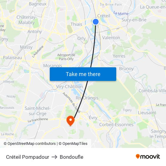 Créteil Pompadour to Bondoufle map