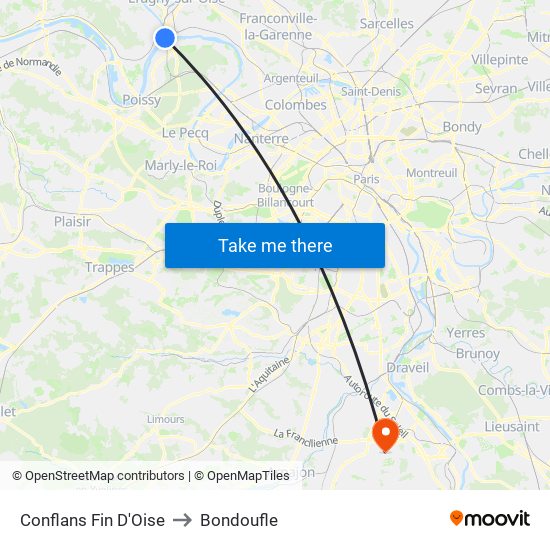 Conflans Fin D'Oise to Bondoufle map