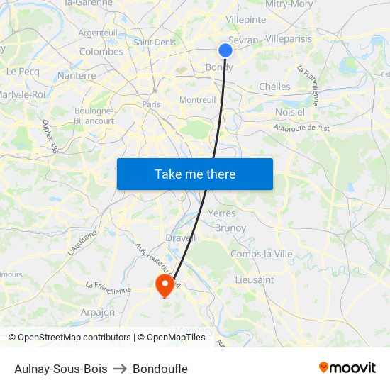Aulnay-Sous-Bois to Bondoufle map