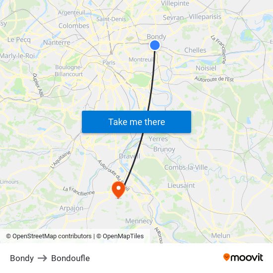 Bondy to Bondoufle map