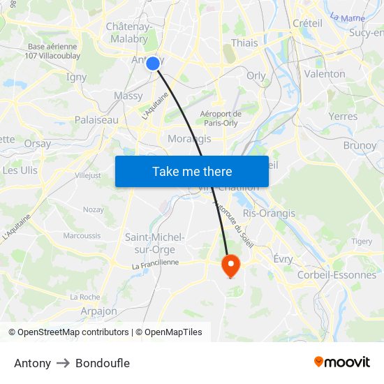 Antony to Bondoufle map