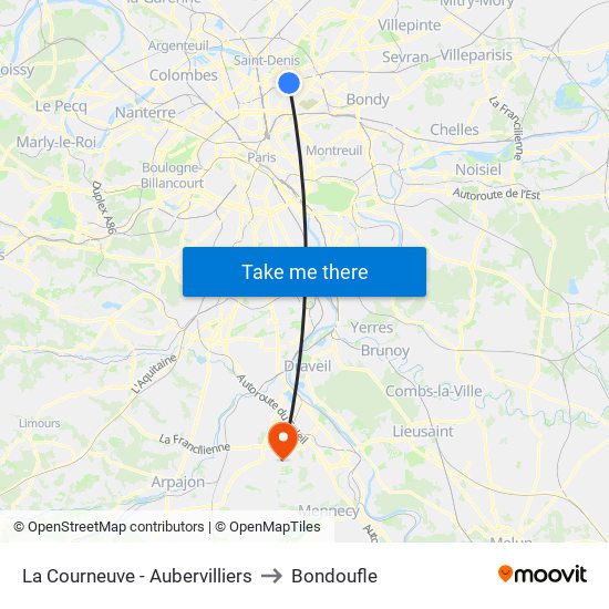 La Courneuve - Aubervilliers to Bondoufle map