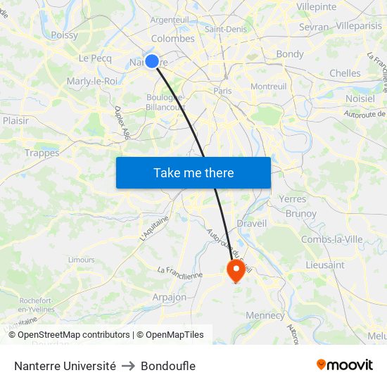 Nanterre Université to Bondoufle map