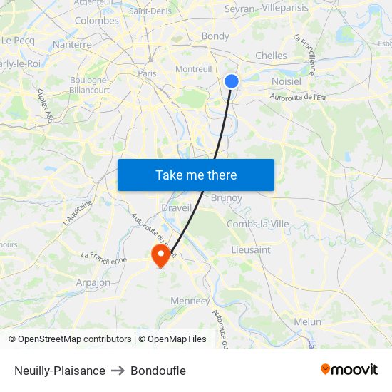 Neuilly-Plaisance to Bondoufle map