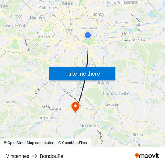 Vincennes to Bondoufle map