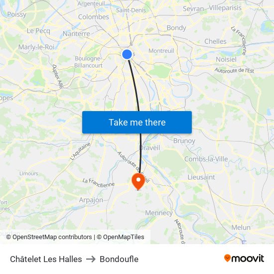 Châtelet Les Halles to Bondoufle map