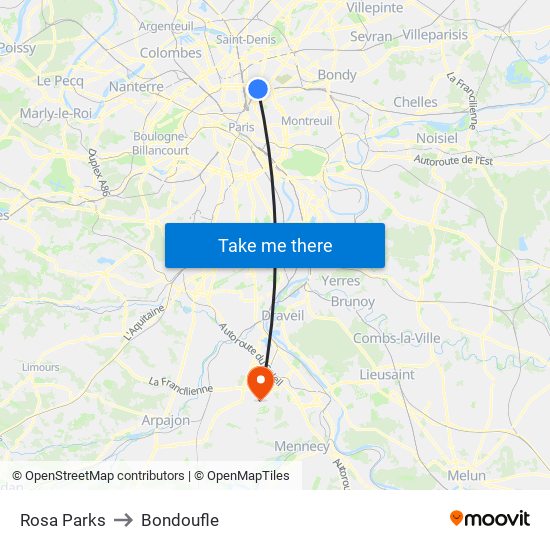 Rosa Parks to Bondoufle map