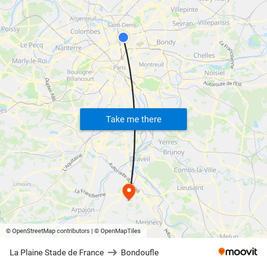 La Plaine Stade de France to Bondoufle map