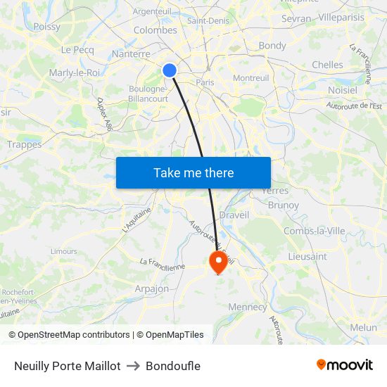 Neuilly Porte Maillot to Bondoufle map
