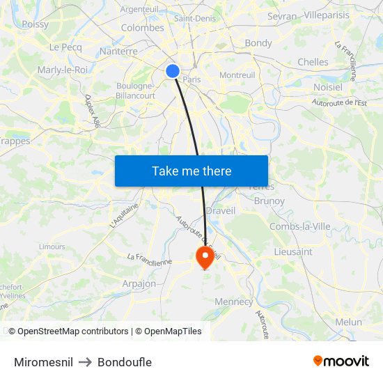 Miromesnil to Bondoufle map