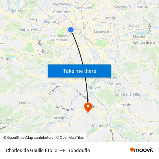 Charles de Gaulle Etoile to Bondoufle map
