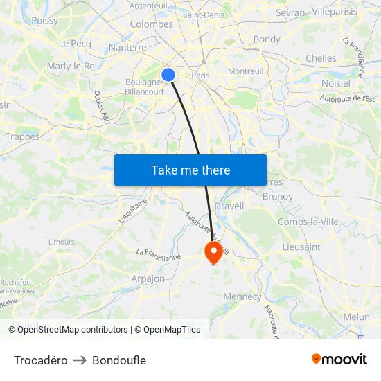 Trocadéro to Bondoufle map