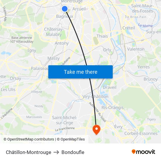 Châtillon-Montrouge to Bondoufle map