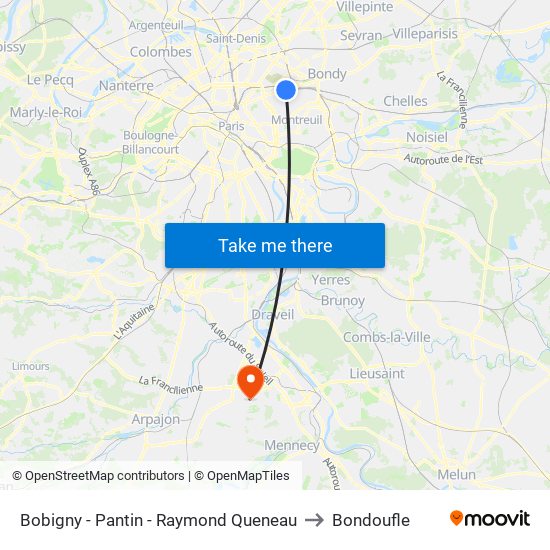 Bobigny - Pantin - Raymond Queneau to Bondoufle map