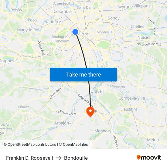 Franklin D. Roosevelt to Bondoufle map