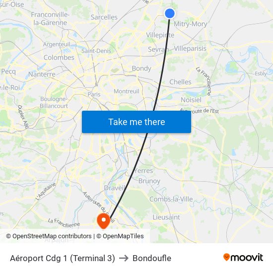 Aéroport Cdg 1 (Terminal 3) to Bondoufle map