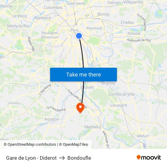 Gare de Lyon - Diderot to Bondoufle map