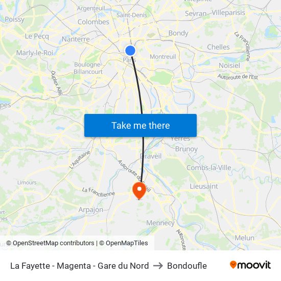 La Fayette - Magenta - Gare du Nord to Bondoufle map