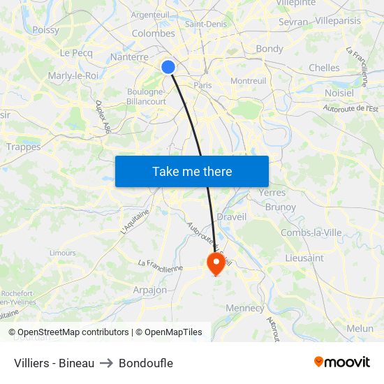 Villiers - Bineau to Bondoufle map