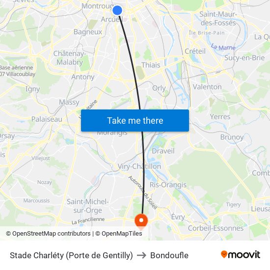 Stade Charléty (Porte de Gentilly) to Bondoufle map