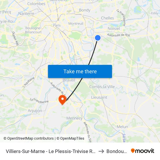 Villiers-Sur-Marne - Le Plessis-Trévise RER to Bondoufle map