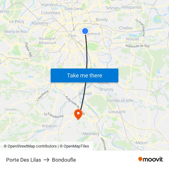 Porte Des Lilas to Bondoufle map