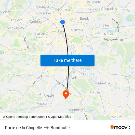 Porte de la Chapelle to Bondoufle map