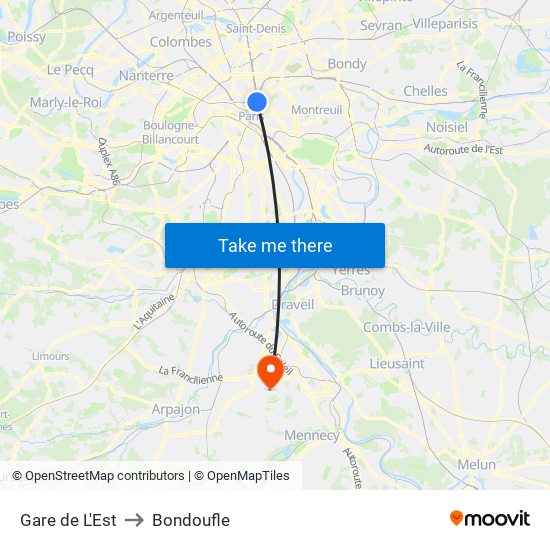 Gare de L'Est to Bondoufle map