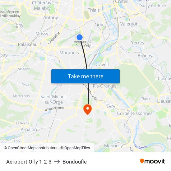 Aéroport Orly 1-2-3 to Bondoufle map