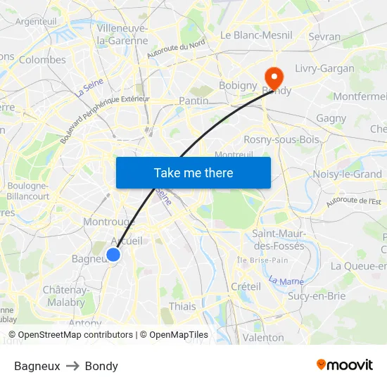 Bagneux to Bondy map