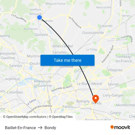 Baillet-En-France to Bondy map