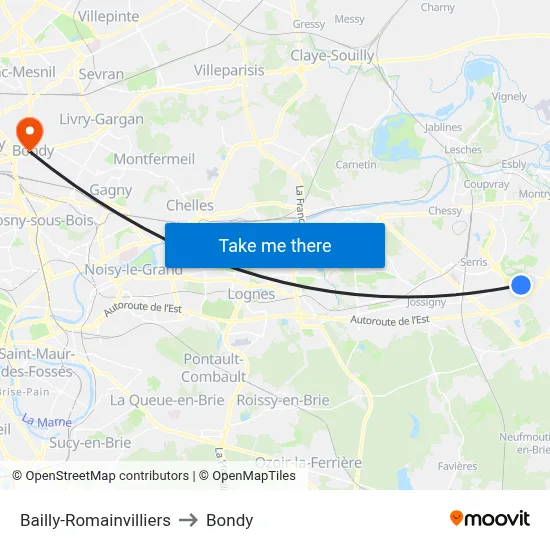 Bailly-Romainvilliers to Bondy map