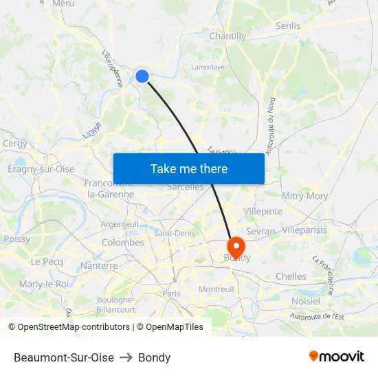 Beaumont-Sur-Oise to Bondy map