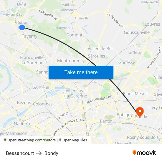 Bessancourt to Bondy map
