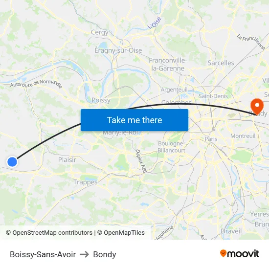Boissy-Sans-Avoir to Bondy map