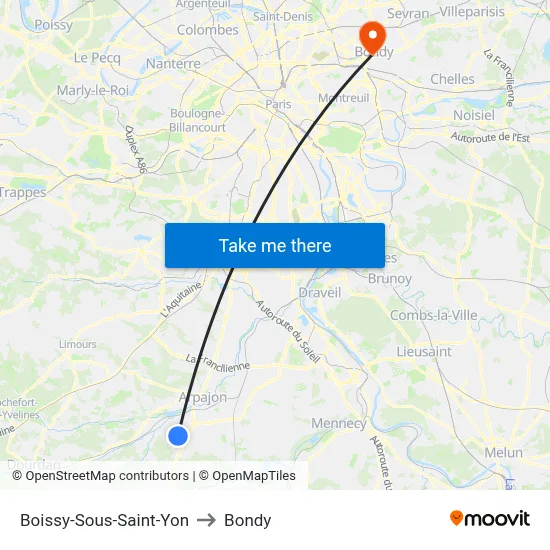 Boissy-Sous-Saint-Yon to Bondy map