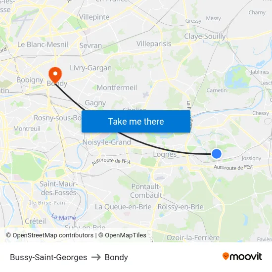 Bussy-Saint-Georges to Bondy map