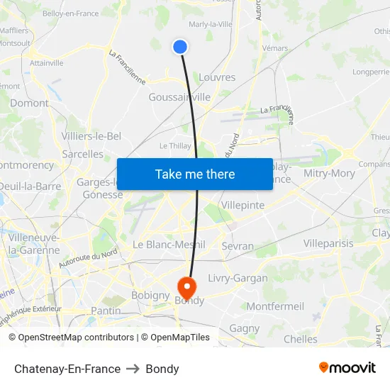 Chatenay-En-France to Bondy map