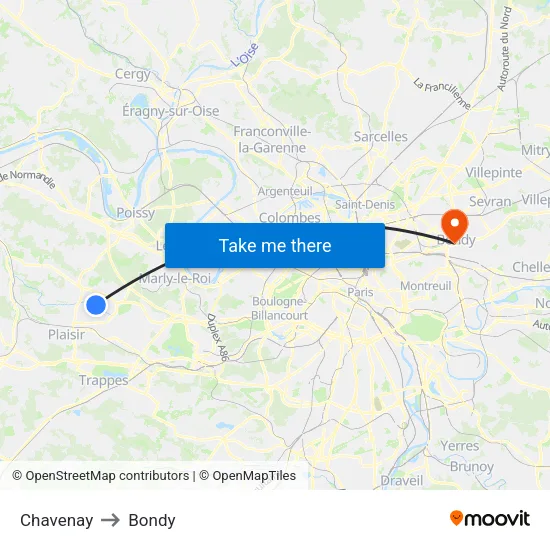 Chavenay to Bondy map