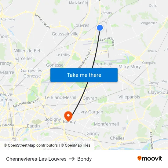 Chennevieres-Les-Louvres to Bondy map