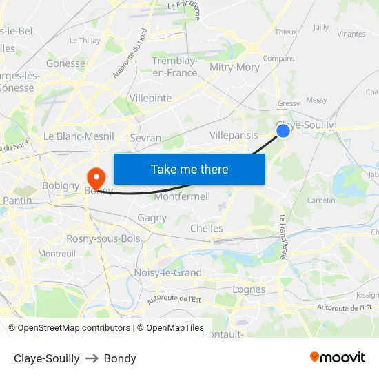 Claye-Souilly to Bondy map