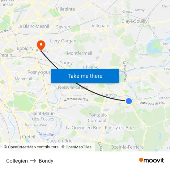 Collegien to Bondy map
