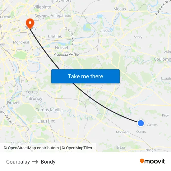 Courpalay to Bondy map