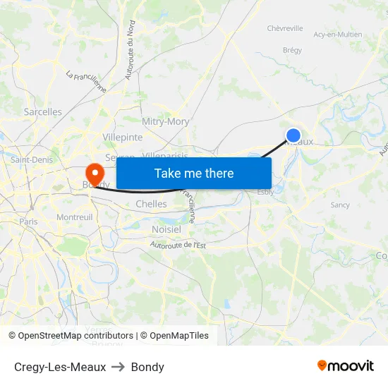 Cregy-Les-Meaux to Bondy map